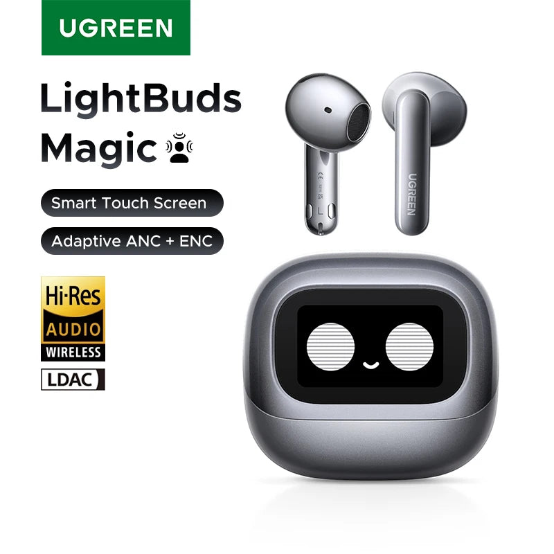 UGREEN Lightbuds Semi-open Adaptive Active Noise Cancellation ANC Wireless Bluetooth Earphones With LCD Full Color Smart Screen