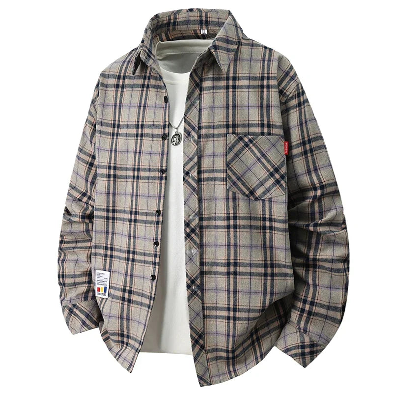 Soft Breathable Check Pattern Shirt Loose Fit Turn Down Collar Pocket Label Autumn Daily Men Casual Outer Blouse