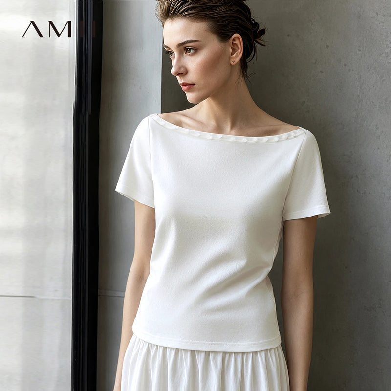 Amii Off Shoulder Women's T-Shirt 2026 Summer New Short Sleeve Stretch Cotton Tee Casual Solid Versatile Top For Women 12612008
