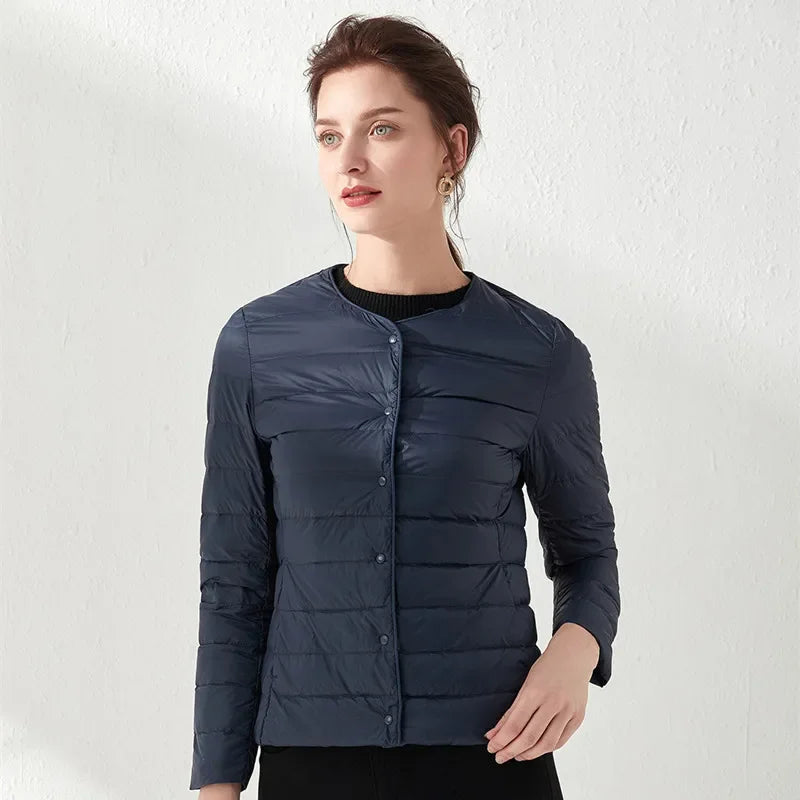Winter Red Light/Thin Women's Round Neck Long Sleeve Jacket, White Blue Gray Khaki Available, Asian Size S-3XL Female Coat