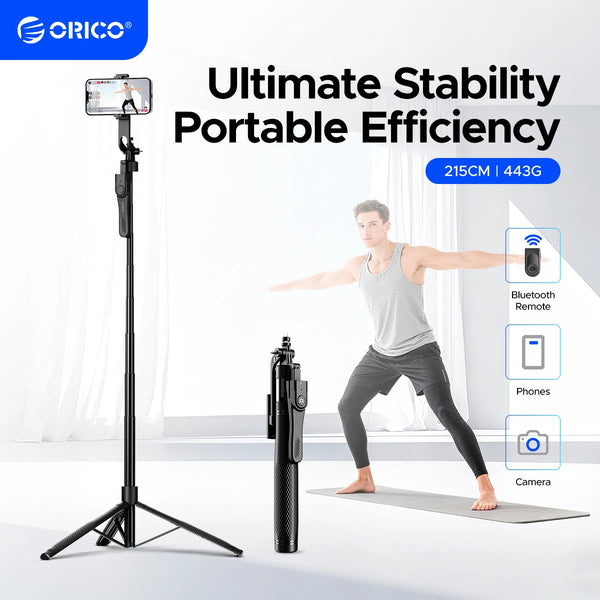 ORICO 2.15m Aluminum Selfie Stick Tripod BT Remote 360° Rotatable for iPhone Mobile Phone Camera Live Streaming Travel