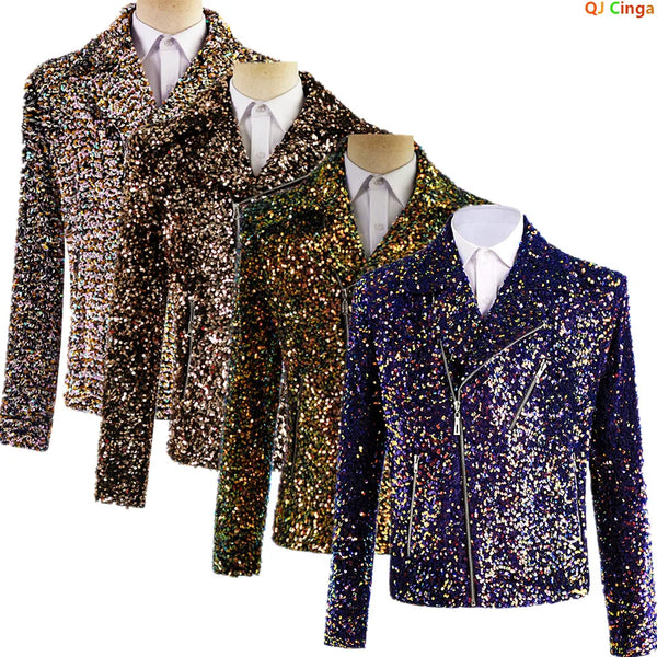 Men's Long-sleeve Jacket with A Zipper Closure and Circular Sequin Embellishments—perfect for Nightclubs, Biker Events, Parties.