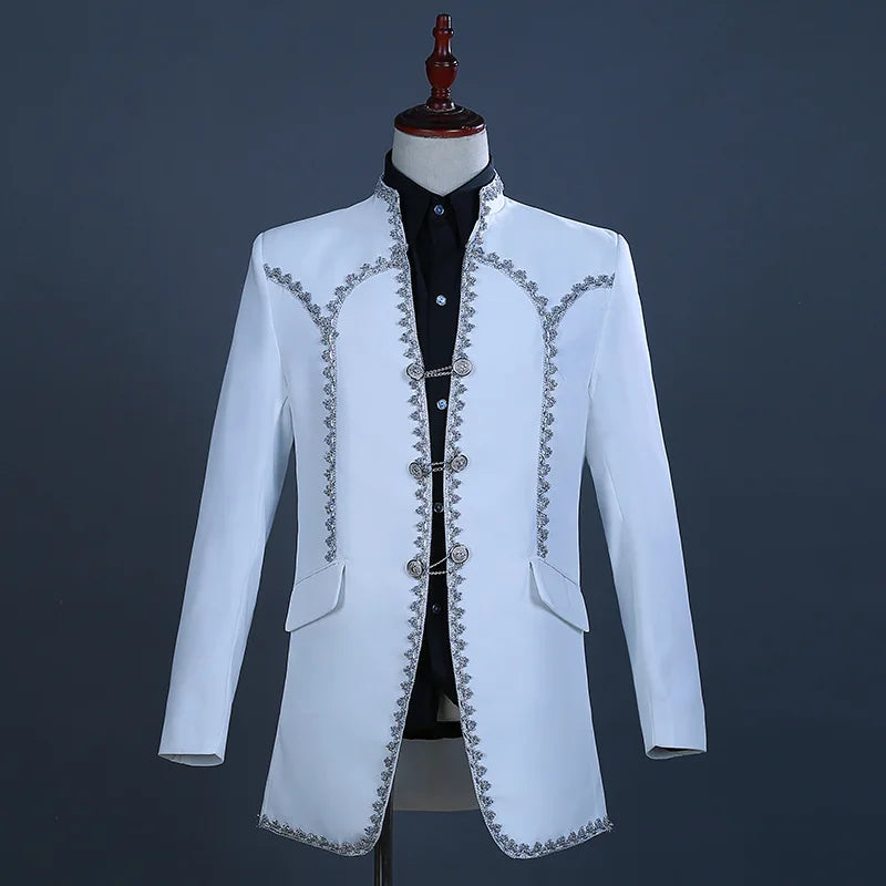 Luxurious Men's White Two-piece Set: A Vintage-style Halloween Jacket Paired with Pants, Perfect for Weddings, Parties, Cosplay.
