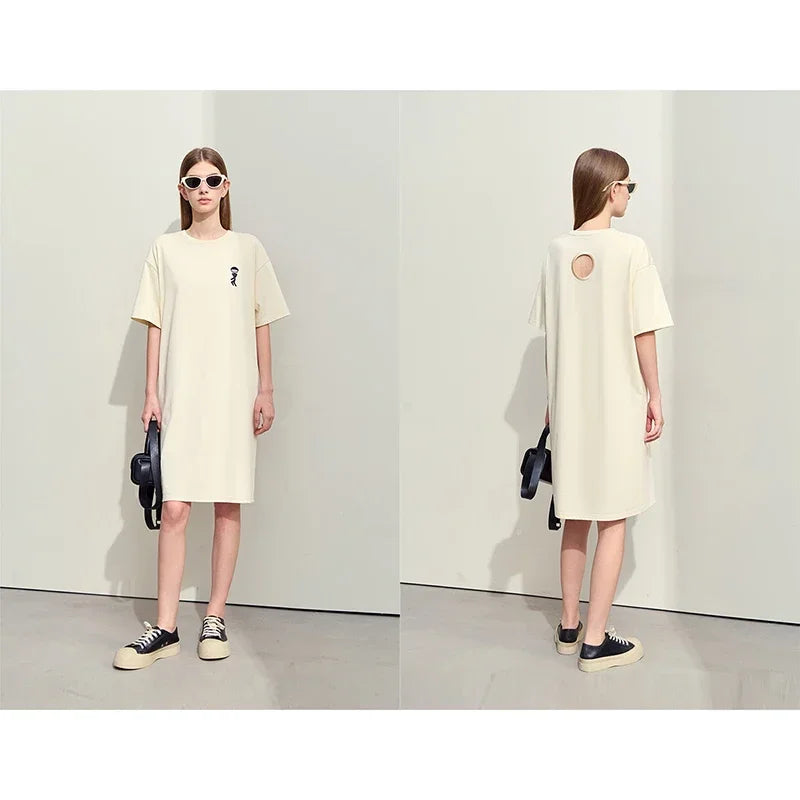 Amii Minimalism Dress For Women 2026 Summer New O-Neck Fun Embroidery Hollow Cotton Loose Casual T-shirt Dress Female 12442174
