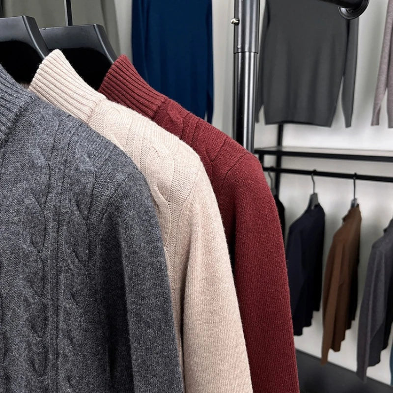 470g Premium Cashmere Blend Sweater Men's, 95.5% Sheep's Wool, 4.5% Cashmere Thickened, High-Neck Button Design, 3 Colors