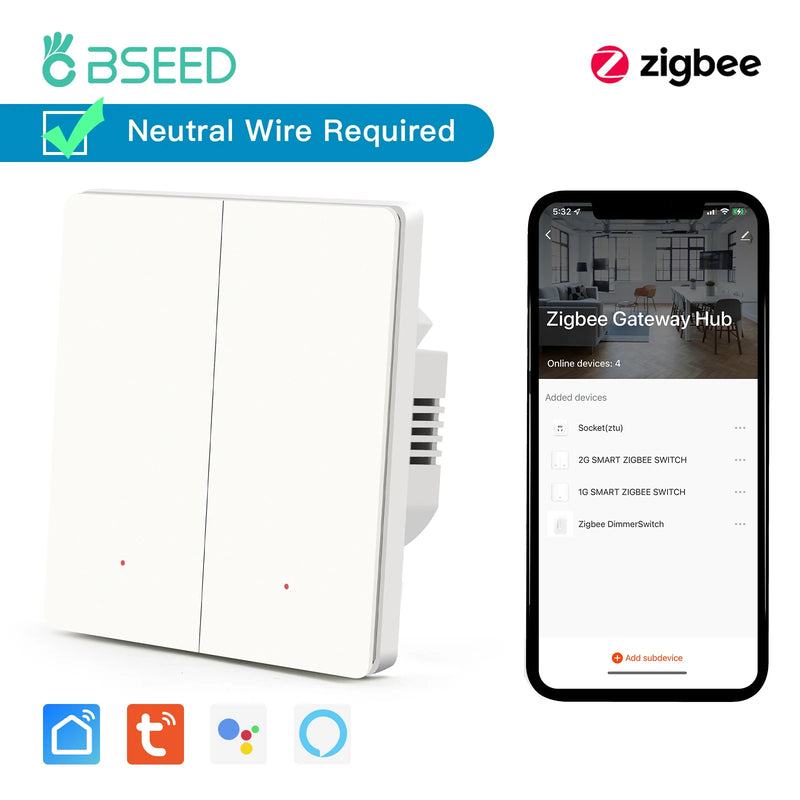 BSEED Zigbee Button Switch 1/2/3Gang 2Way Wall Light Switch Automatic Rebound Smart Curtain Shutter Switch Neutral Required