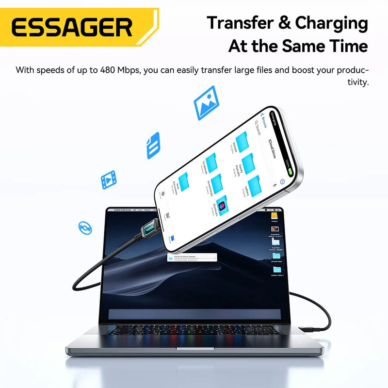 ខ្សែសាក Essager 100W USB Type C សម្រាប់ iPhone17 16 15 5A PD សាកថ្មលឿនសម្រាប់ Macbook iPad Samsung Xiaomi LED Type C ទៅ Type C Cable