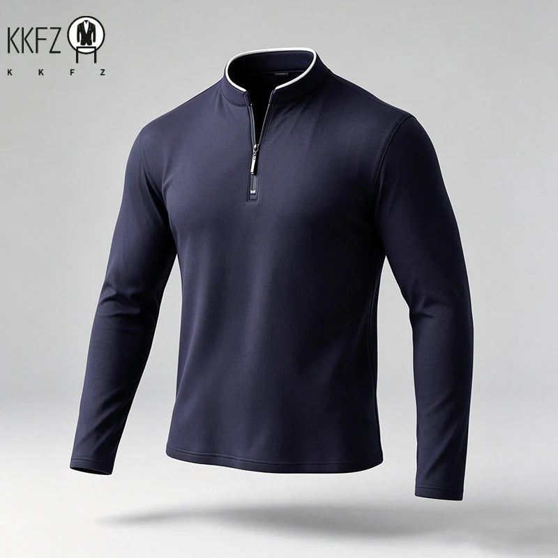 Men Regular Fit Half Zip Long Sleeve Shirt Stand Collar Skin���Friendly Fabric For Street Style And Office Daily Commute
