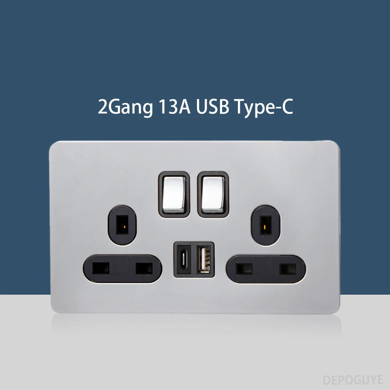 Wall Light Toggle Retro Switch Panel 1-4 Gang 2 Way EU Silver Gray Brushed Stainless Steel Antique Switch Outlet with USB Chargi