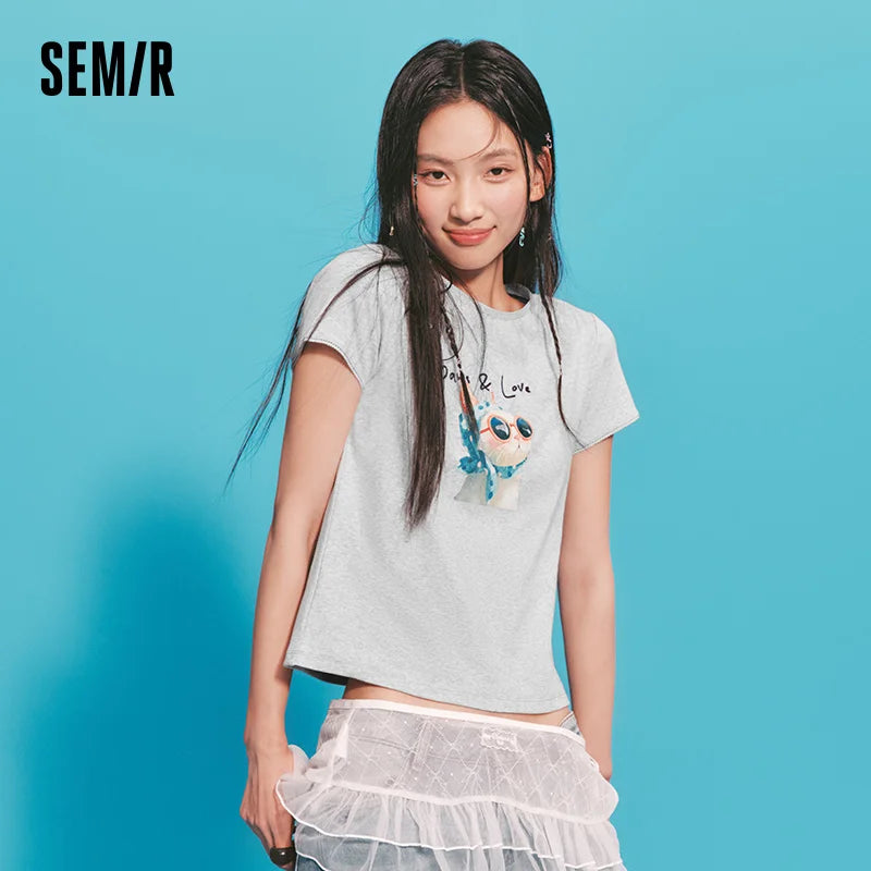 Semir Womens Tshirt 2026 Printed Slim Ruffle Edge Cute Petite Style Fashion Casual Daily Wear