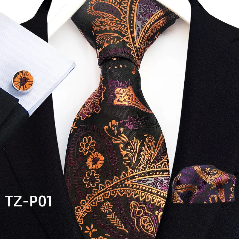 2026 New Men's Jacquard Fabric Tie Set Perfect for Business/Banquets/Formal Wear/Weddings. (Tie + Pocket Square + Cufflinks)