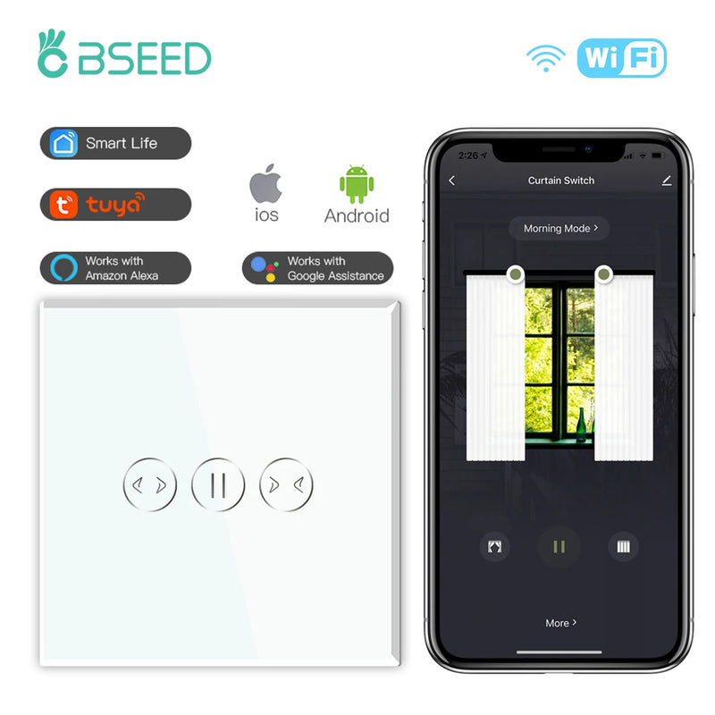 BSEED WiFi Curtain Switch Wireless Smart Touch Switch for Smart Life Tuya Alexa Blind Roller Shutter With Neutral Line