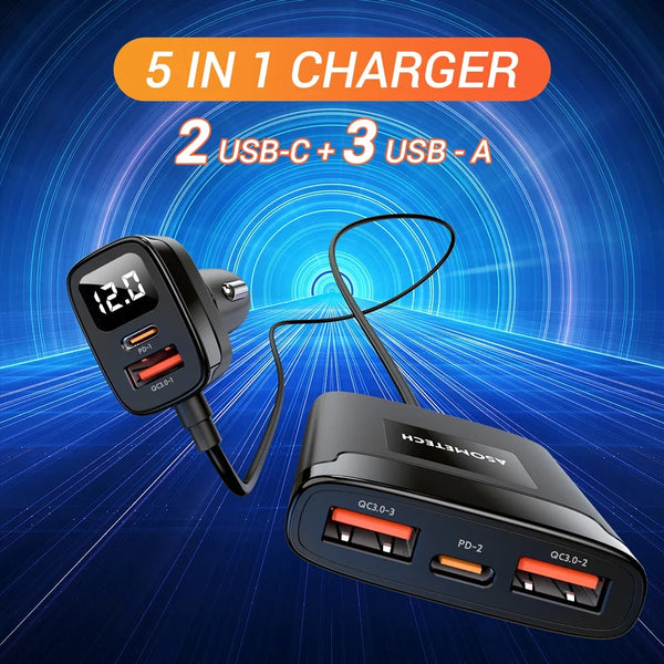 ឆ្នាំងសាករថយន្ត 5 ក្នុង 1 78W PD 3.0 QC 3.0 SCP សាកលឿន USB Type C ឆ្នាំងសាករថយន្តលឿនសម្រាប់ iPhone 13 14 Pro Samsung Huawei
