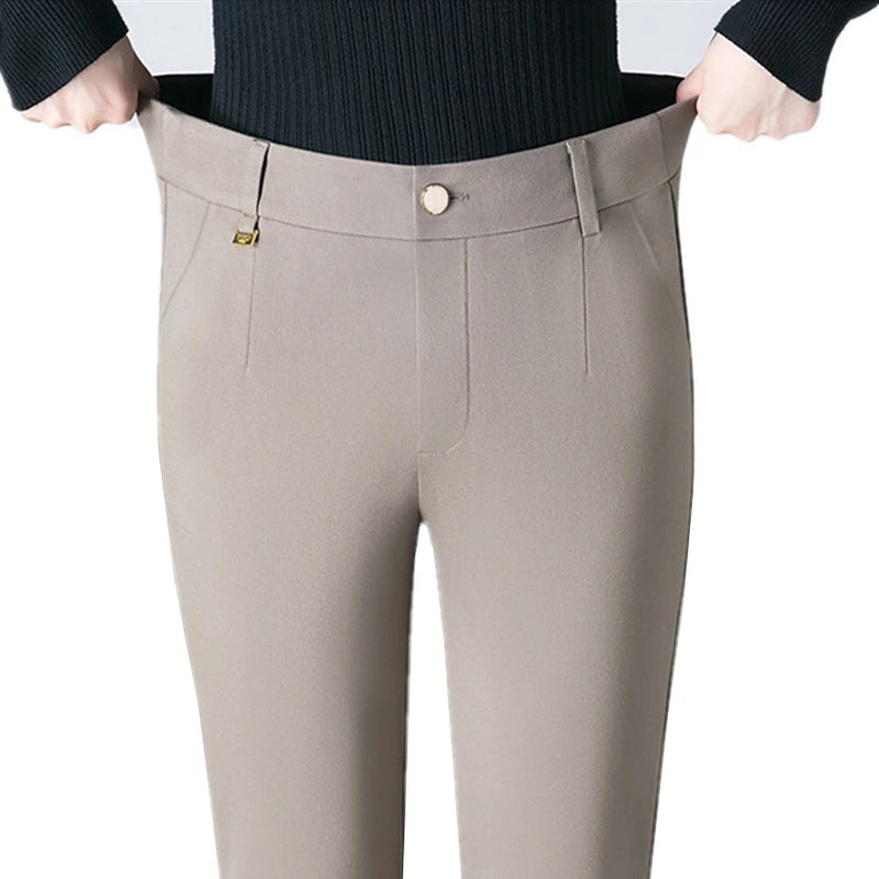 Asian Size Black Women's Elastic Waist Trousers, Fashion Casual Pants, Khaki High Stretch Pant, 27, 28, 29, 30, 31, 32, 33, 34
