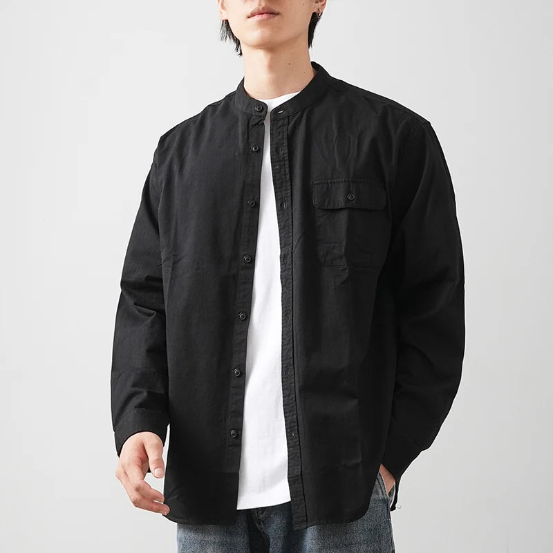 DUKEEN Stand Collar Men's Shirt 2025 Spring and Autumn 100% Cotton Korean Style Long-Sleeve Casual White Tops Man Clothing