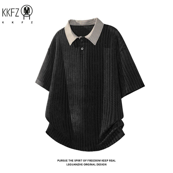 Mens Textured Knit Short Sleeve Polo Top Contrast Collar Oversized Cutting Suitable For Vacation Dating And Casual Scenes