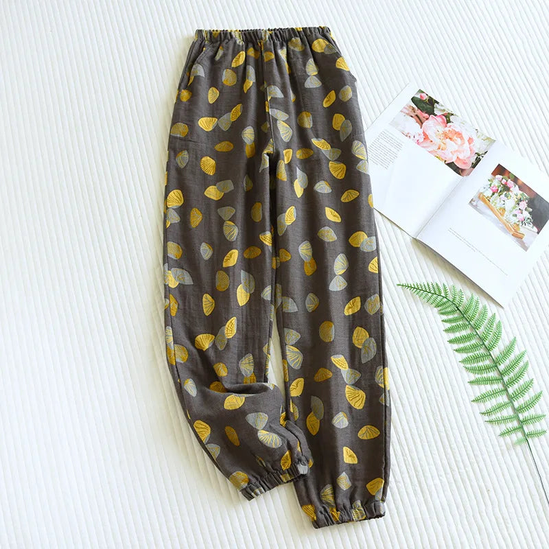 ខោ pajamas កប្បាស 100% បោះពុម្ពសម្រាប់ស្ត្រី ខោរលុងសម្រាប់រដូវផ្ការីករដូវស្លឹកឈើជ្រុះ ខោការពារមូស ខោគេងផ្ទះធម្មតាសម្រាប់ស្ត្រី