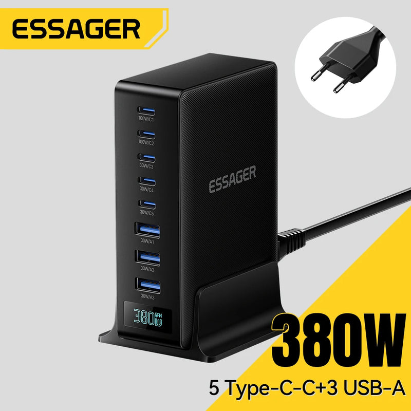 ឆ្នាំងសាក Essager 380W GaN 8 in 1 ជើងទ្រសាកថ្មលឿនសម្រាប់កុំព្យូទ័រយួរដៃលើតុ iPhone 17 16 15 Pro Max Macbook Air Xiaomi Samsung ថេប្លេត