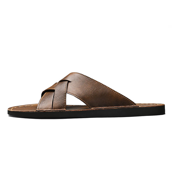 Summer Mens Flat Leather Slippers Slides Slip-on Sandals Thin Soles Retro Style Anti-skid Breathable Comfortable Big Size 48 49