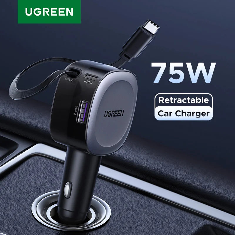 UGREEN 75W Car Charger 2 in 1 Retractable Cable SCP 25W QC PD 30W Fast Car Phone Charger For iPad iPhone 17 16 15 14 Pro Samsung