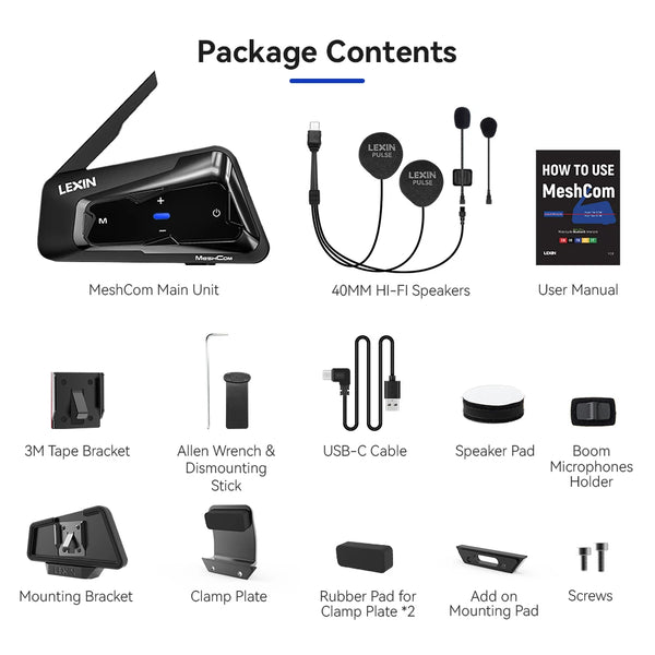 LEXIN-MeshCom Motorcycle MESH&Bluetooth Headset Intercom ,With Mesh Communication System, Parallel Audio- Intercom,24 Riders