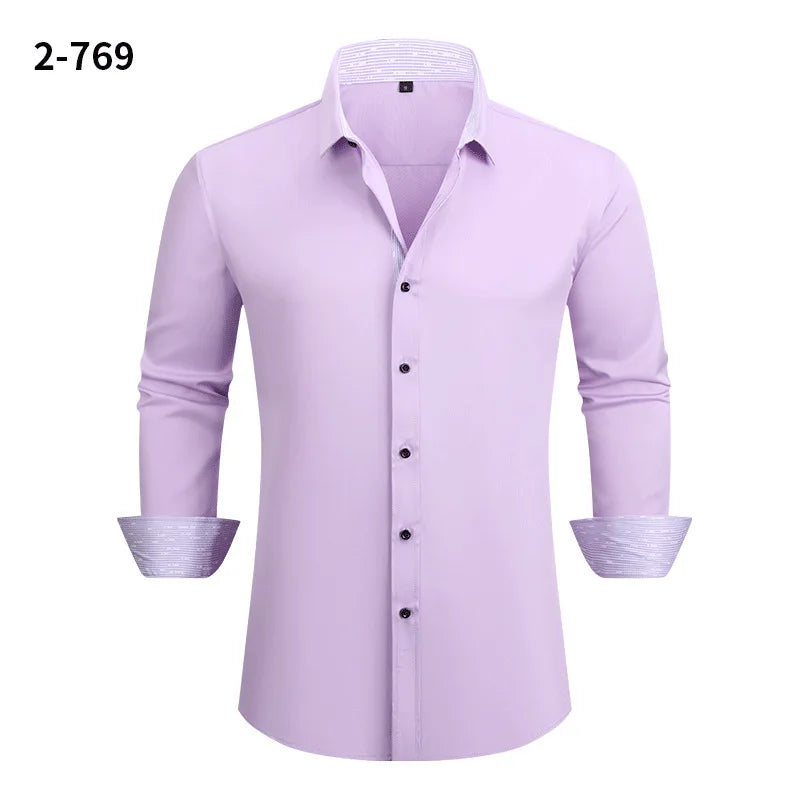 Men's Black Long-sleeve Stretch Shirt, Red Patchwork-trimmed Shirts, Commuter-style Single-Breasted Lapel Tops.