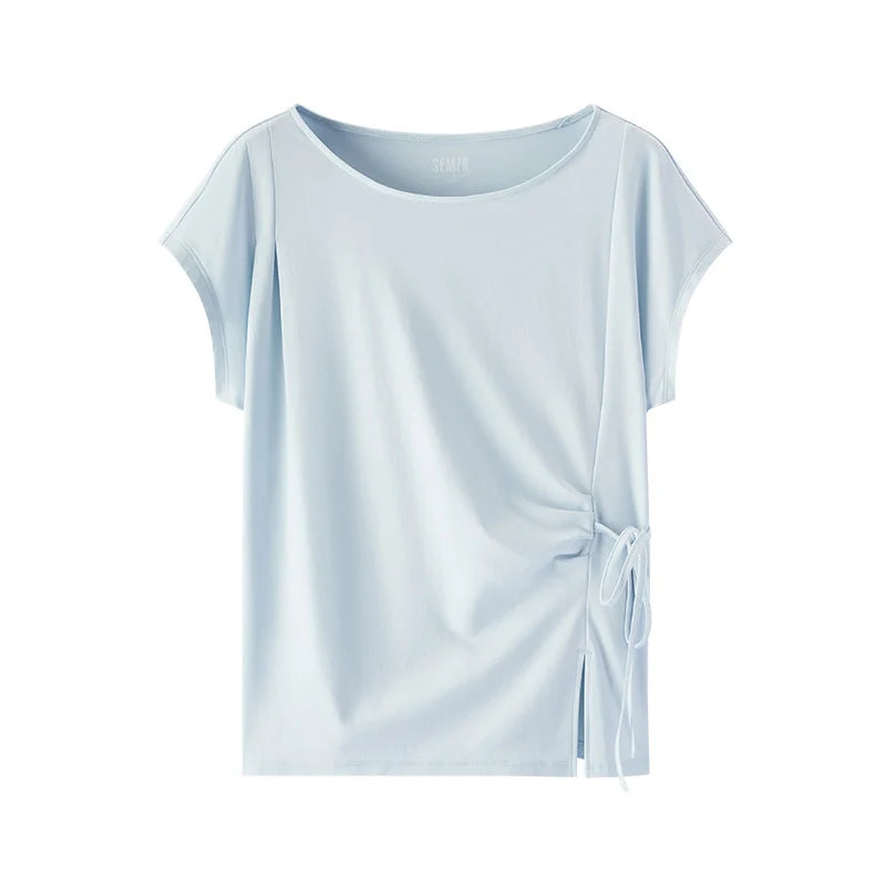 Semir Womens Tshirt 2026 Slash Neck Bow Slit Split Pure Cotton Gentle Style Casual Soft