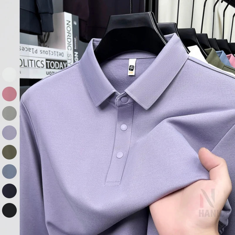 Men's Wool Blend Long Sleeve Polo - Light Blue (White/Black/Olive Green) Wool & Mulberry Silk Breathable Comfort Fit