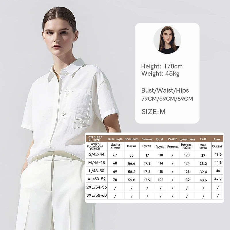 Amii Women's White Shirt 2026 Summer New Beaded Lapel Organza Patch Short Sleeve Blouse Loose Women's Casual Shirts 12642010