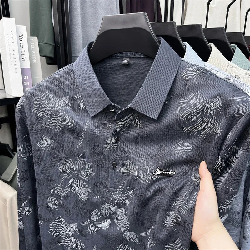 Men Breathable Mesh Polo Short Sleeve Lap Collar Abstract Feather Print Button Placket Relax Daily Wear Top
