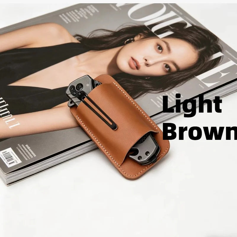 1pc Portable EDC Folding Knife Sheath, Genuine Leather Belt Mount Holder, Anti-Loss Wearproof Waist Pouch for Daily Outdoor Use