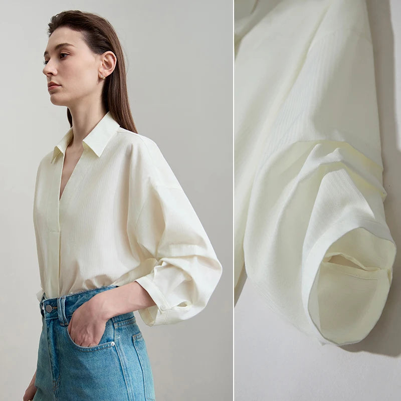 AMII Minimalist Women Loose Shirt 2026 Summer Commuter Light Luxury V-Neck Colla Cotton Top Three-Quarters Sleeve Tops 12512055