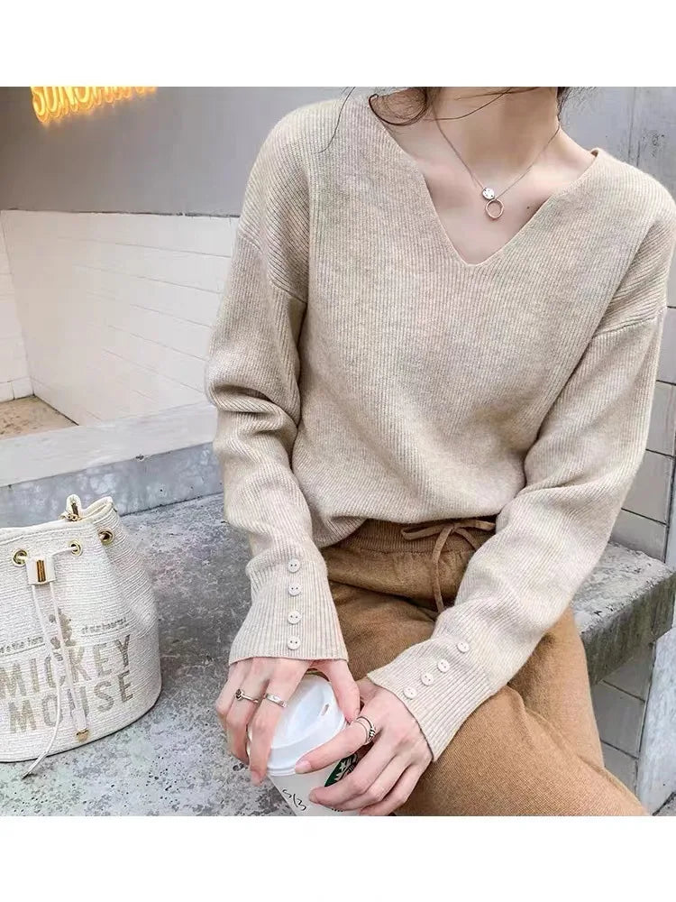 Elegant V Neck Long Sleeve Knitwear Woman Clothes Spring Autumn Pullover Sweater Basic Wear Knitted Tops Female Pulls Jumper