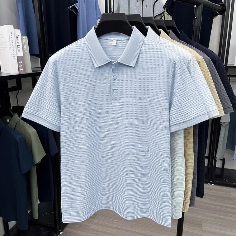 2026 Men's Waffle Knit Polo Shirt - 3D Textured Lapel, Quick Dry & Stretchy, Business Casual Style