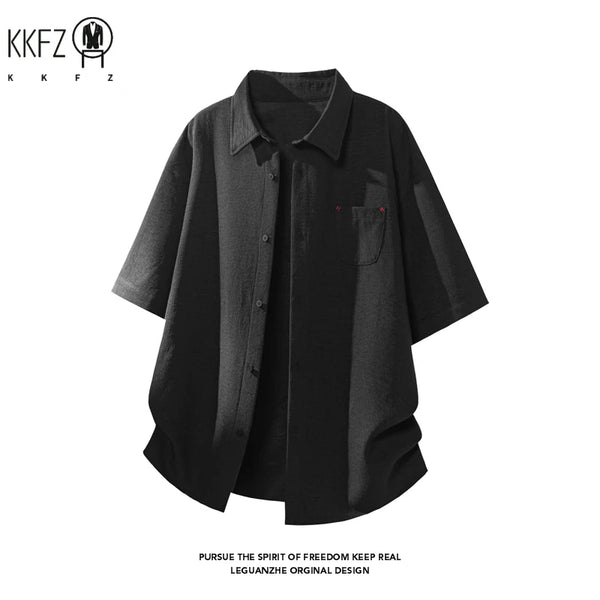 Mens Lapel Collar Short Sleeve Button Up Top Textured Linen Like Fabric Chest Pocket Relaxed Fit For Daily Commute Outfit
