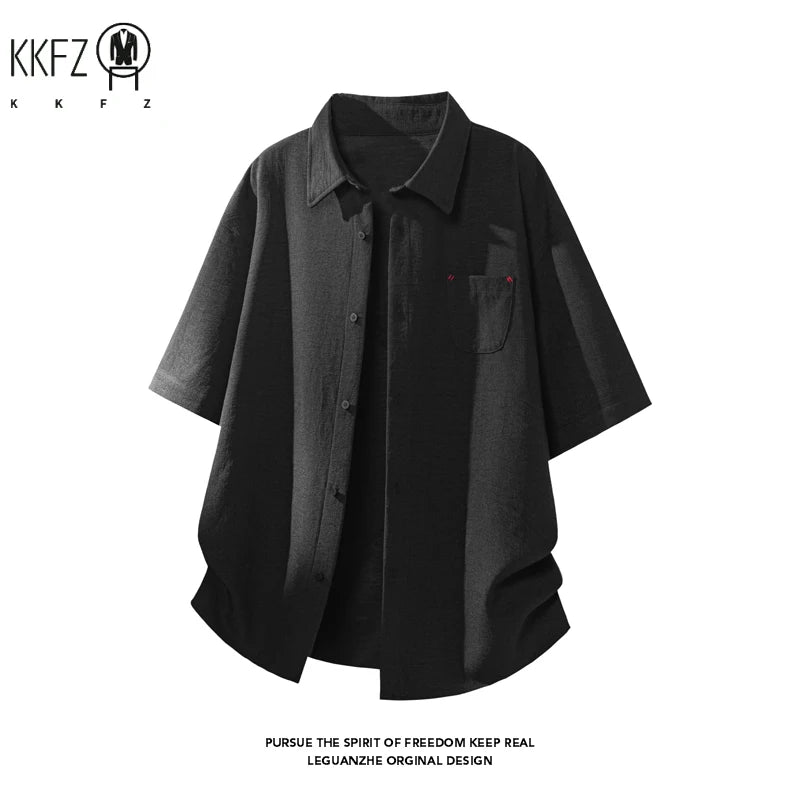 Mens Lapel Collar Short Sleeve Button Up Top Textured Linen Like Fabric Chest Pocket Relaxed Fit For Daily Commute Outfit