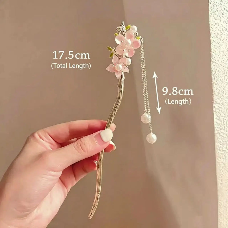 New Chinese Style Flower Tassel Hairpin, Pearl Hair Stick, Elegant Vintage Hair Fork Women Wedding Hair Accessory