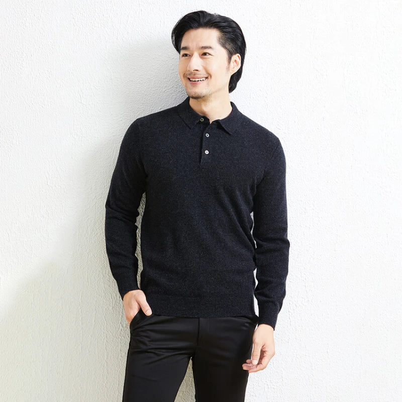 100% Wool. High-quality Men's Warm Sweater, Business Casual Stretchable POLO Shirt, Fall/winter Pullover Knitted Sweater.