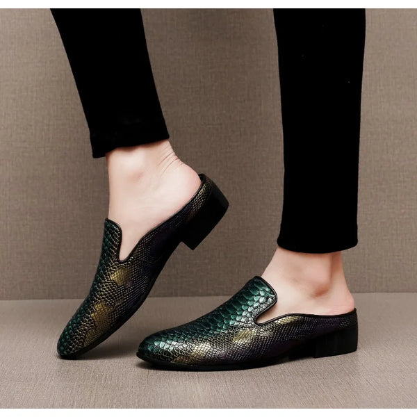 Big Size Mens Backless Mules Pointed Toe Slip on Loafers Men Low Heel Python Pattern Half Slippers Party Dress Shoes