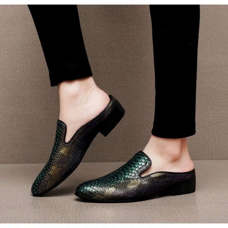 Big Size Mens Backless Mules Pointed Toe Slip on Loafers Men Low Heel Python Pattern Half Slippers Party Dress Shoes