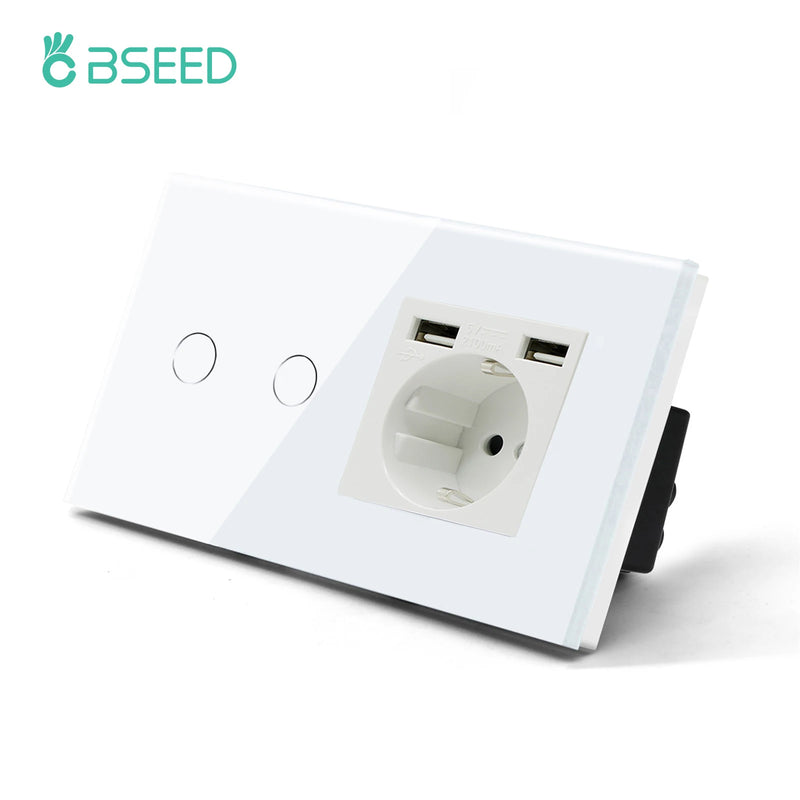 BSEED Single Power Outlet EU Wall Plugs Double Sockets USB Type-C Phone Charge Glass Panel 1Way Wall Touch Switch Kid Protection