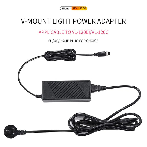 អាដាប់ទ័រថាមពលភ្លើង Ulanzi AD-1 120W 200W V-Mount សម្រាប់ភ្លើង Ulanzi VL-120Bi /VL-120C COB ដោត EU/US/UK/JP សម្រាប់ជម្រើស