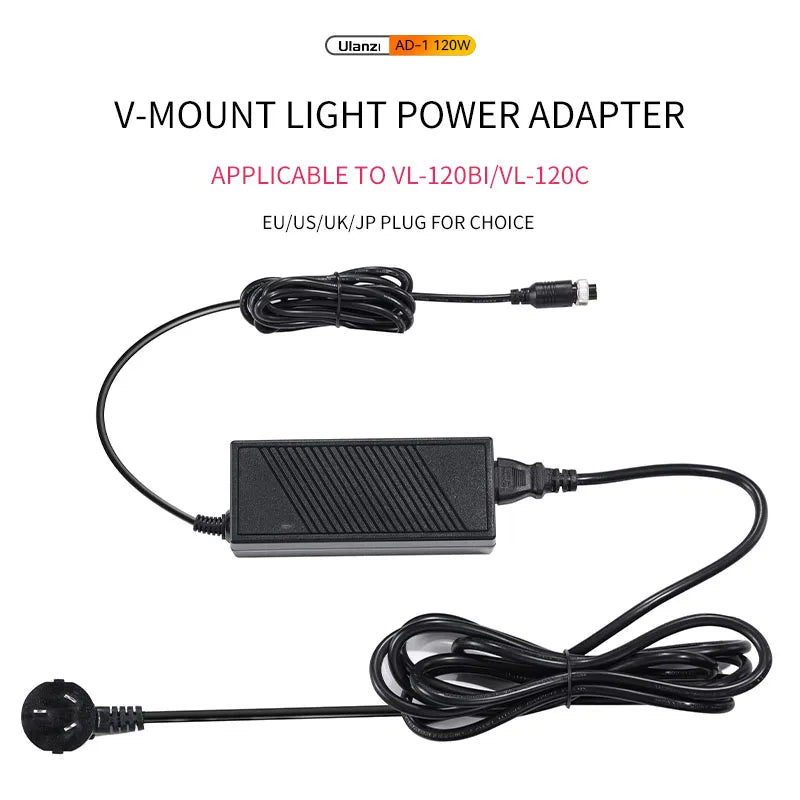 អាដាប់ទ័រថាមពលភ្លើង Ulanzi AD-1 120W 200W V-Mount សម្រាប់ភ្លើង Ulanzi VL-120Bi /VL-120C COB ដោត EU/US/UK/JP សម្រាប់ជម្រើស