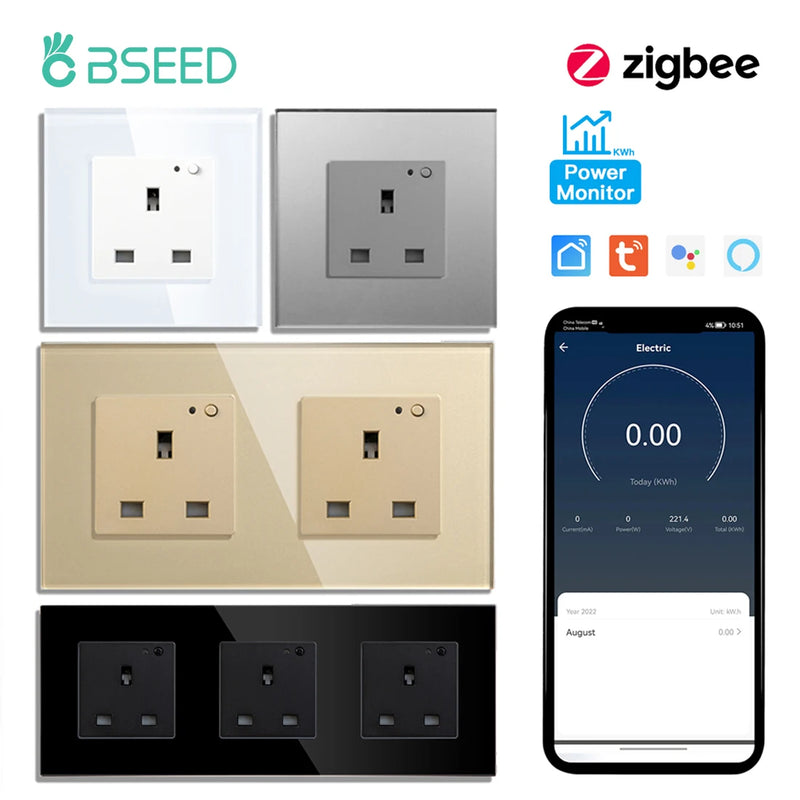 BSEED UK Standard Zigbee Power Monitor Socket Smart Double Electric Power Outlets Tuya Smart Iife Google Home Control 13A