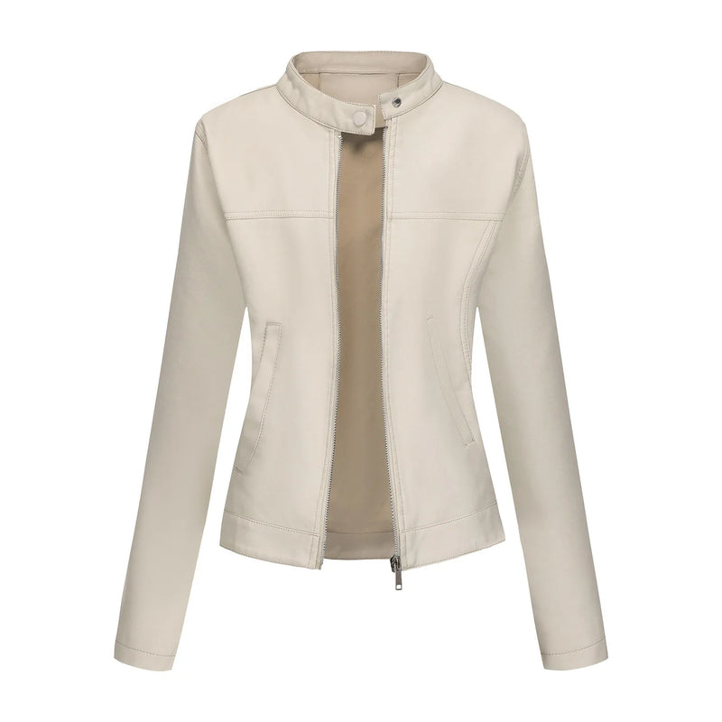 2026 New Women's Black Fitted Leather Jacket with Front Zipper & Side Pockets‌, Available in Brown, Navy Blue, and Beige.