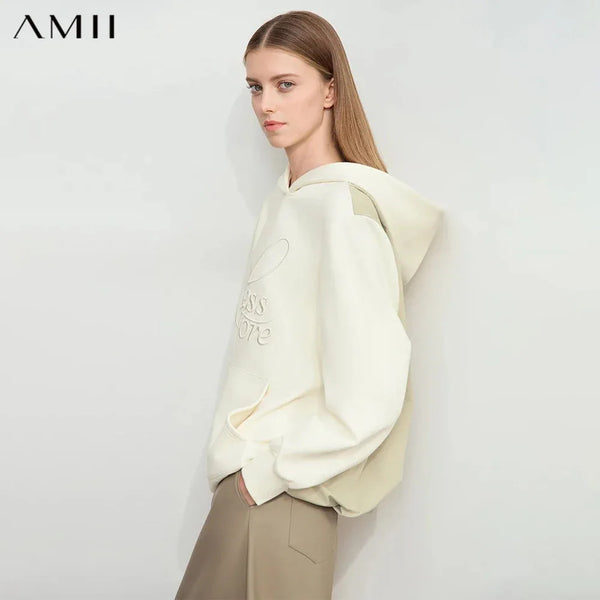 Amii 2026 Winter Clothes Women Long-sleeved Color Matching Embroidery Pocket Fleece Hooded Sweater Loose Casual Tops 12444202