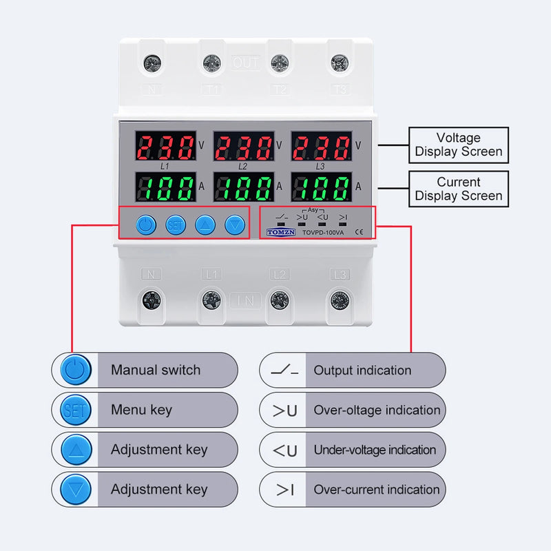 TOMZN 100A 3Phase Din Rail Voltmeter Ammeter Adjustable Over and Under Voltage Current Limit Protection Monitor Relays Protector