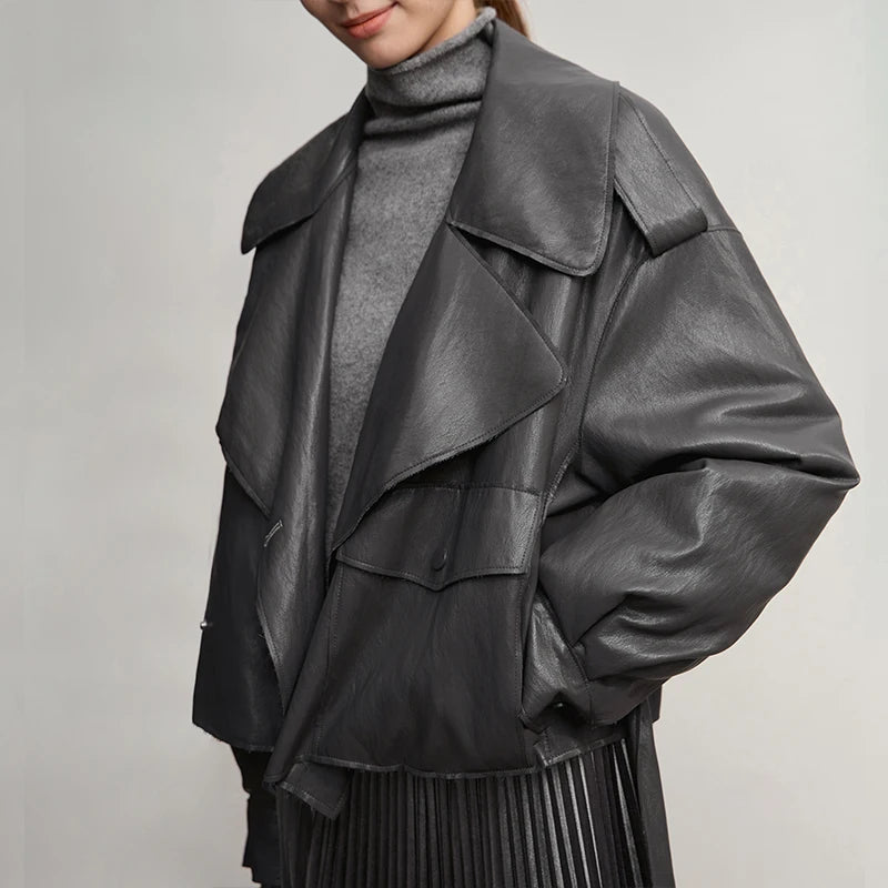 AMII Down Jacket Woman 2026 Winter New PU Leather Lapel Long Sleeves Simple Top Woman Loose With Belt Short Down Coats 12544080
