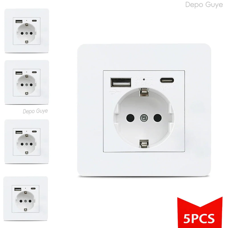 EU FR Power Socket ,Socket With Usb Charging Port and Type c White Stainless Steel Panel Russia Spain Wall Socket 5/10 PCS