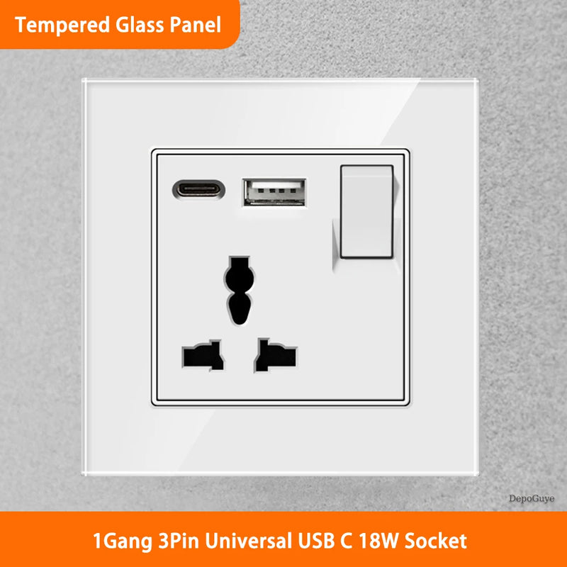 White Universal UK 13A Socket with USB Type-C 18W Fast Charging Wall Socket,Tempered Glass Button Light Switch,Dual 3pin Socket